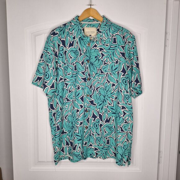 Island Republic Silk Shirt Mens 2XL Green Floral Hawaiian Button Front Beach - Picture 1 of 5